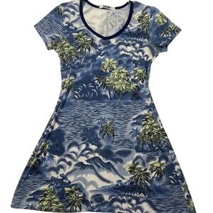 Hana Hawaiian Print Short Sleeve Mini Dress‎ Blue Tropical Vacation